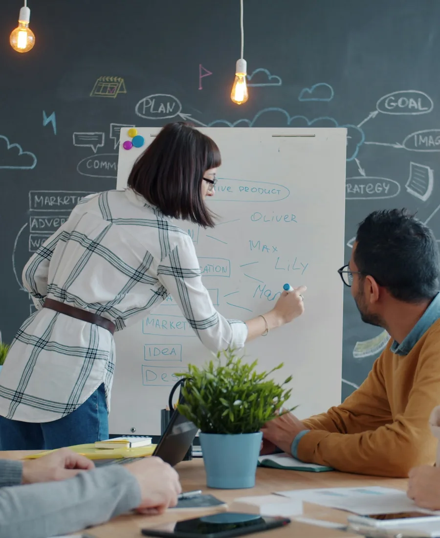 Team collaborating around a whiteboard in an office